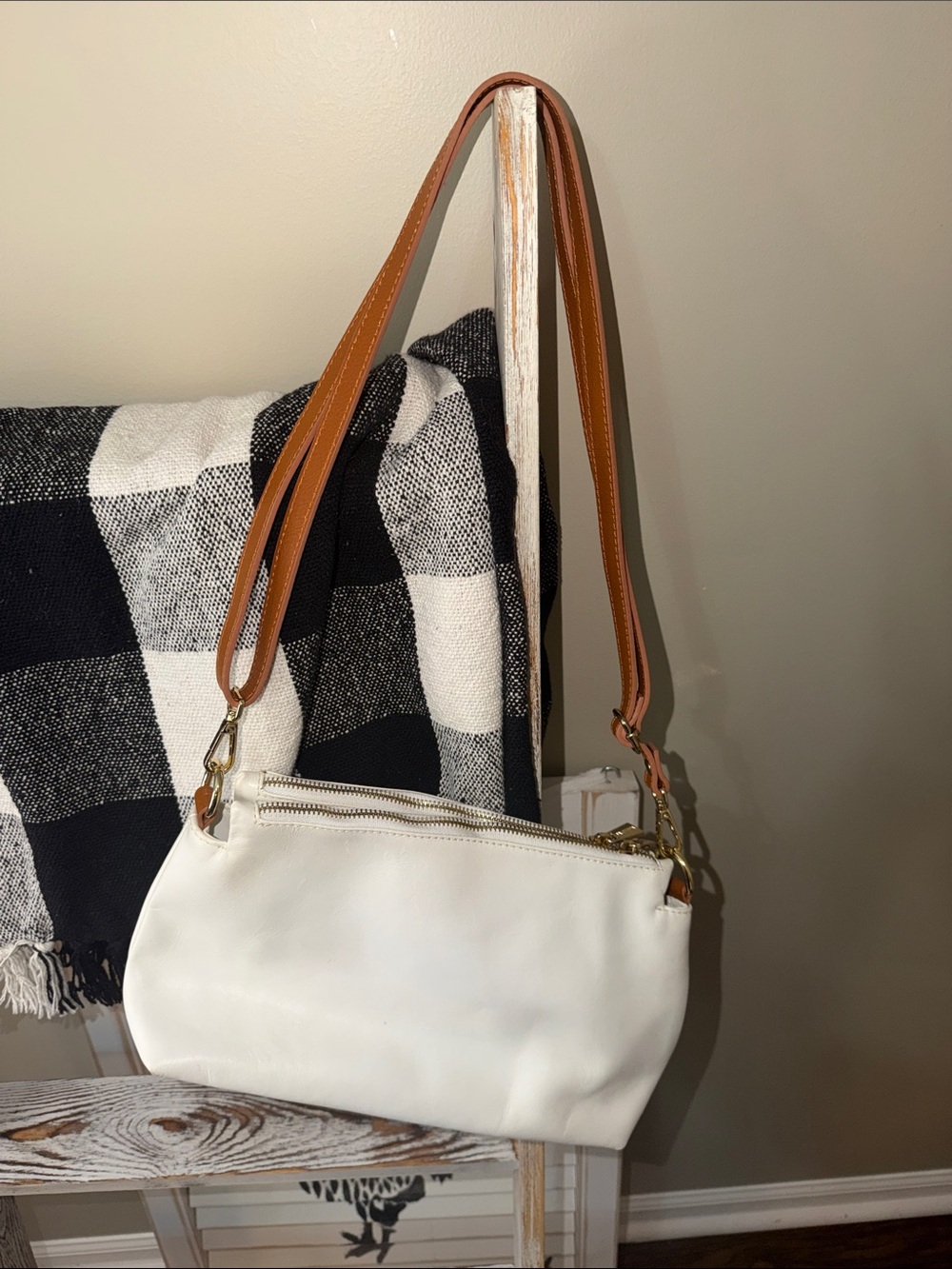 Valentina White Leather Bag with Tan Strap